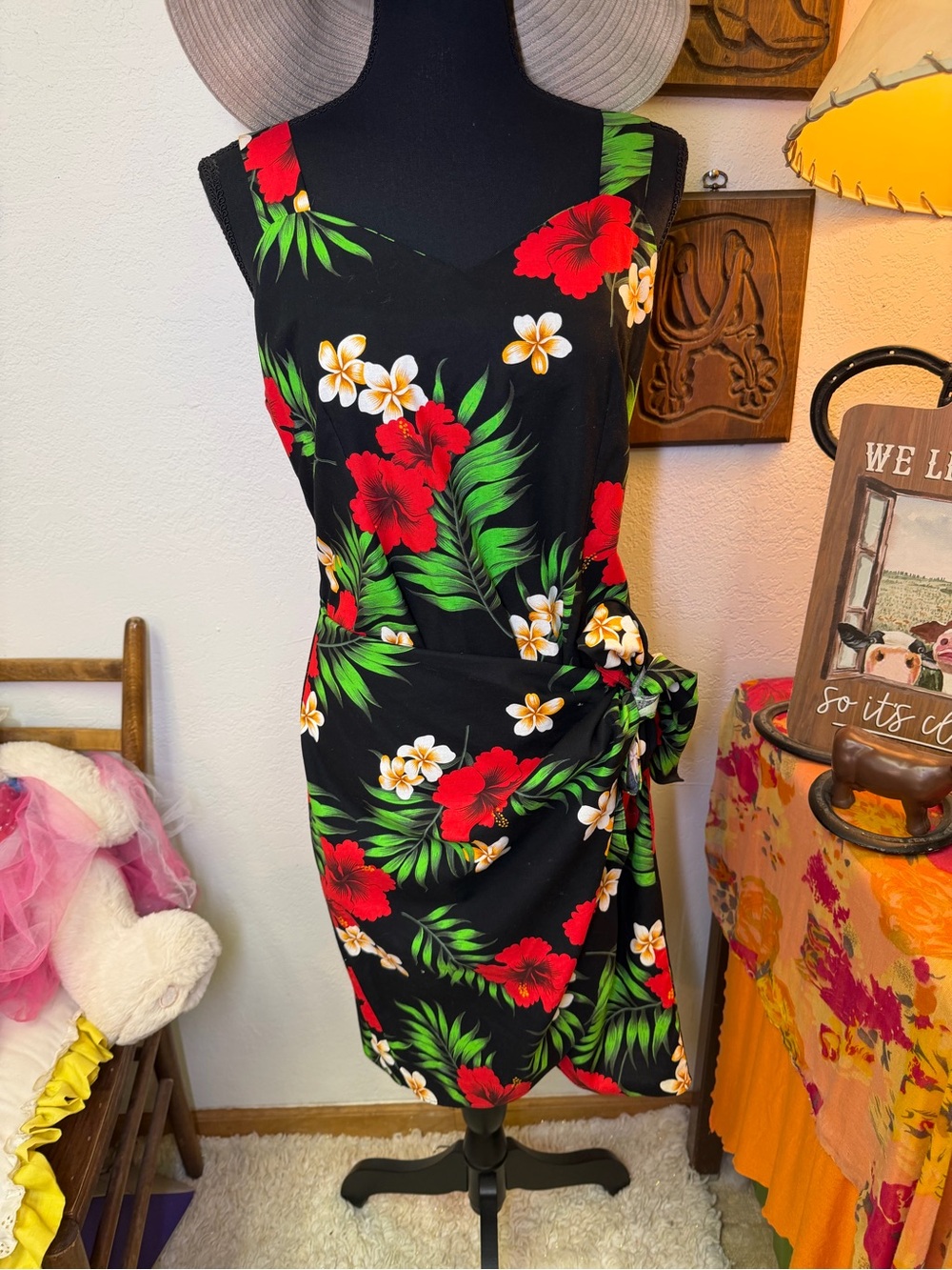 Evergreen Island Made In Hawaii Tropical Floral Wrap Dress Black Hibiscus LARGE - Picture 2 of 14